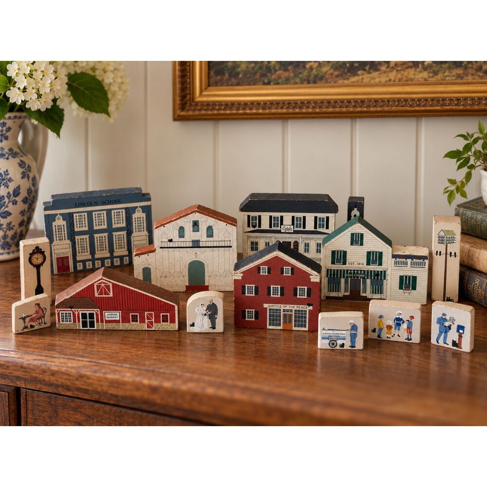 Vintage Cat's Meow Village Wood Buildings Lot 1988-1994 Signed Houses Figures